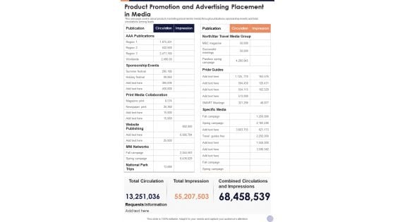 Product Promotion And Advertising Placement In Media One Pager Documents Product Promotion And Advertising Placement In Media One Pager Documents