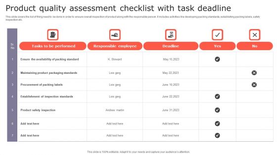Product Quality Assessment Checklist With Task Deadline Ideas PDF