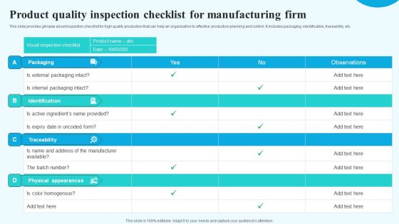 Product Quality Inspection Checklist For Manufacturing Firm Ideas PDF