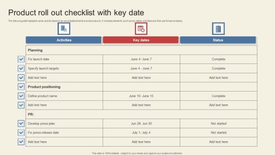 Product Roll Out Checklist With Key Date Background PDF