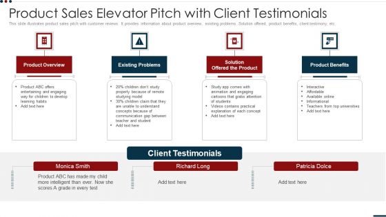 Product Sales Elevator Pitch With Client Testimonials Graphics PDF