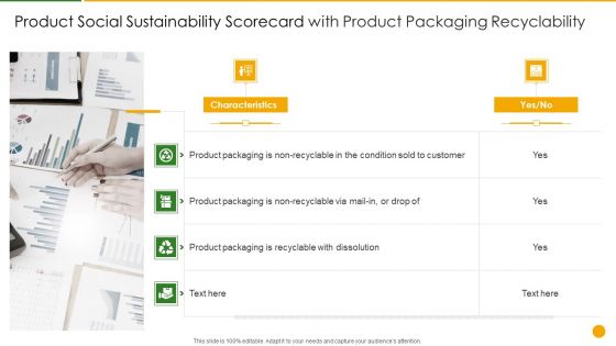 Product Social Sustainability Scorecard With Product Packaging Recyclability Mockup PDF