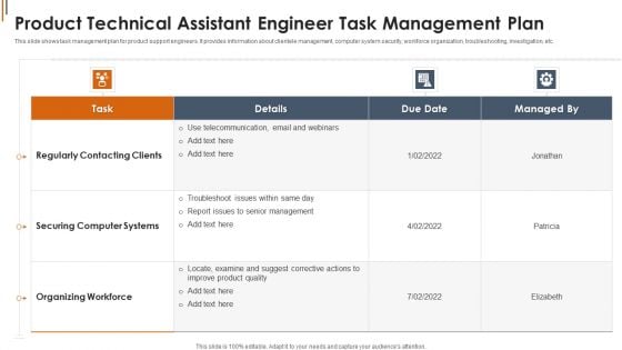 Product Technical Assistant Engineer Task Management Plan Background PDF