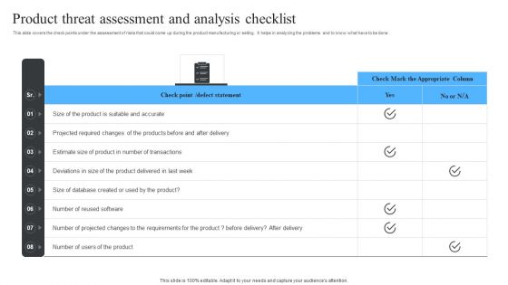 Product Threat Assessment And Analysis Checklist Ppt Icon Files PDF