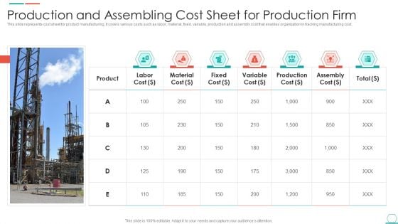 Production And Assembling Cost Sheet For Production Firm Portrait PDF