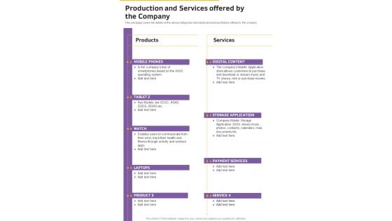 Production And Services Offered By The Company One Pager Documents Production And Services Offered By The Company One Pager Documents
