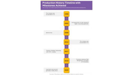 Production History Timeline With Milestones Achieved One Pager Documents