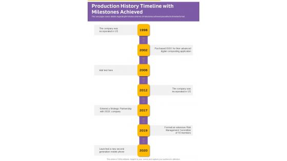 Production History Timeline With Milestones Achieved One Pager Documents Production History Timeline With Milestones Achieved One Pager Documents