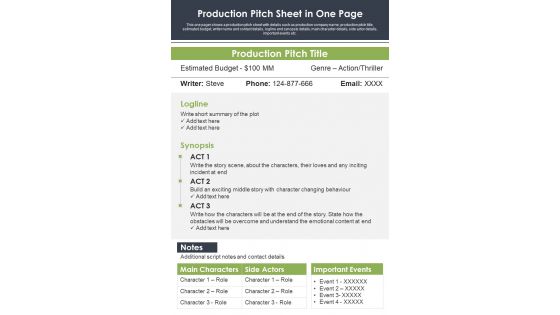 Production Pitch Sheet In One Page PDF Document PPT Template