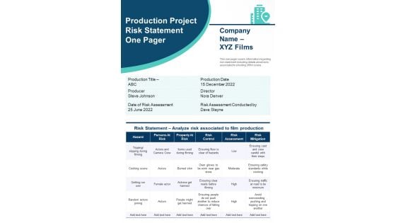 Production Project Risk Statement One Pager PDF Document PPT Template