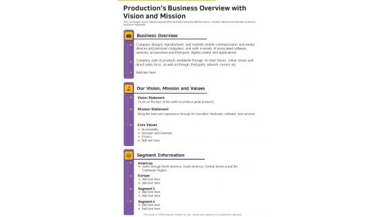 Productions Business Overview With Vision And Mission One Pager Documents