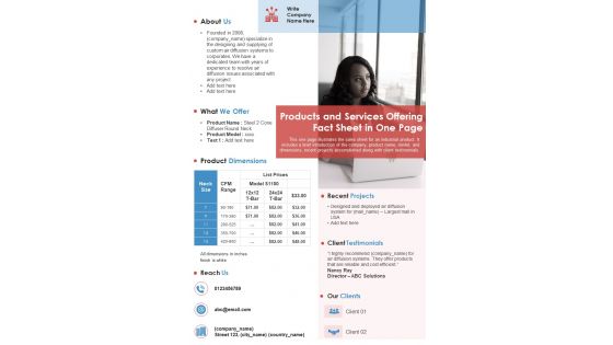 Products And Services Offering Fact Sheet In One Page PDF Document PPT Template