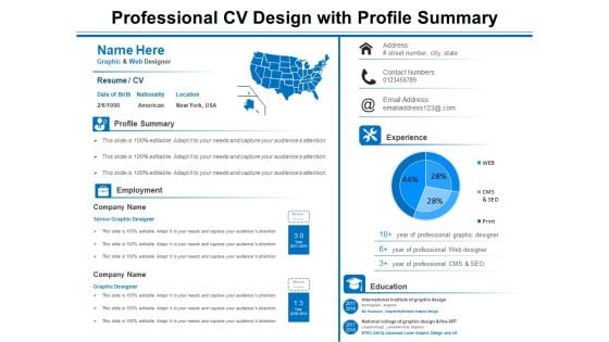 Professional CV Design With Profile Summary Ppt PowerPoint Presentation Styles Templates PDF