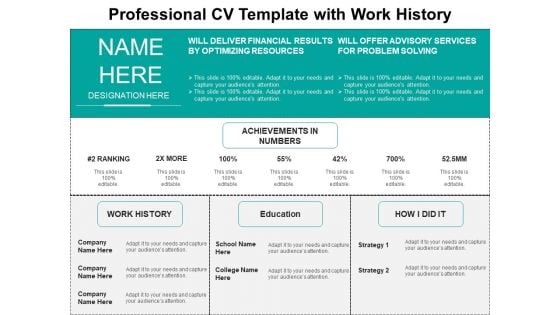 Professional CV Template With Work History Ppt PowerPoint Presentation Infographics Inspiration PDF