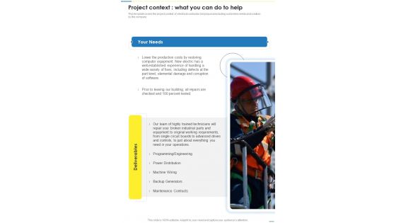 Professional Electrical Contract Services Tender Project Context One Pager Sample Example Document