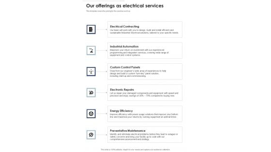 Professional Electrician Contractor Services Our Offerings As Electrical One Pager Sample Example Document Professional Electrician Contractor Services Our Offerings As Electrical One Pager Sample Example Document