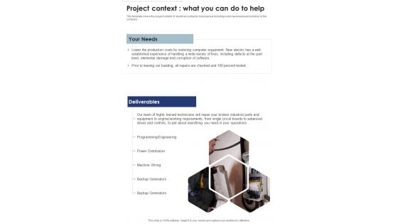 Professional Electrician Contractor Services Project Context One Pager Sample Example Document