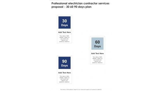 Professional Electrician Contractor Services Proposal 30 60 90 Days Plan One Pager Sample Example Document Professional Electrician Contractor Services Proposal 30 60 90 Days Plan One Pager Sample Example Document