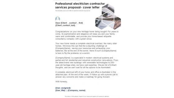 Professional Electrician Contractor Services Proposal Cover Letter One Pager Sample Example Document Professional Electrician Contractor Services Proposal Cover Letter One Pager Sample Example Document