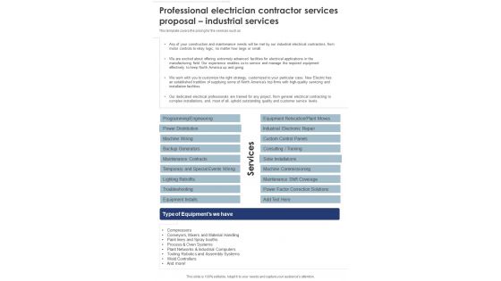 Professional Electrician Contractor Services Proposal Industrial Services One Pager Sample Example Document Professional Electrician Contractor Services Proposal Industrial Services One Pager Sample Example Document
