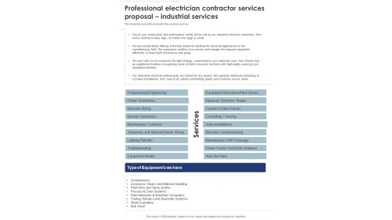 Professional Electrician Contractor Services Proposal Industrial Services One Pager Sample Example Document