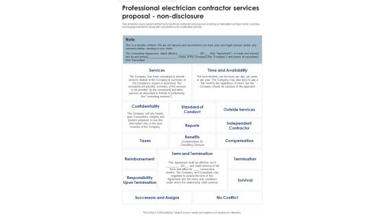 Professional Electrician Contractor Services Proposal Non Disclosure One Pager Sample Example Document Professional Electrician Contractor Services Proposal Non Disclosure One Pager Sample Example Document