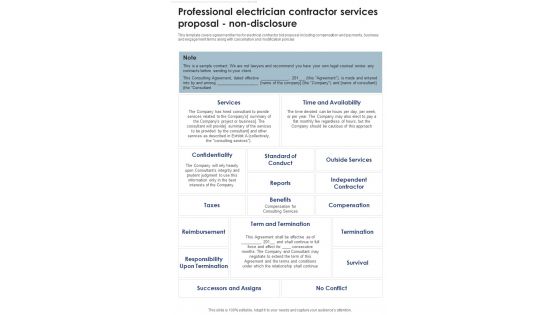 Professional Electrician Contractor Services Proposal Non Disclosure One Pager Sample Example Document