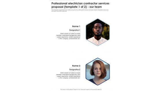 Professional Electrician Contractor Services Proposal Our Team One Pager Sample Example Document