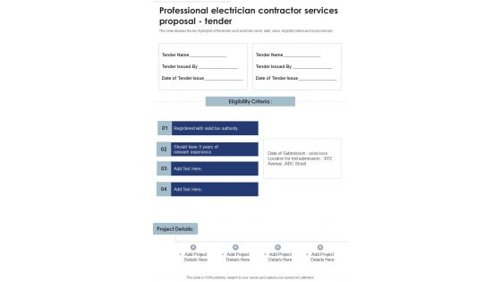Professional Electrician Contractor Services Proposal Tender One Pager Sample Example Document Professional Electrician Contractor Services Proposal Tender One Pager Sample Example Document