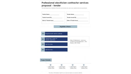 Professional Electrician Contractor Services Proposal Tender One Pager Sample Example Document