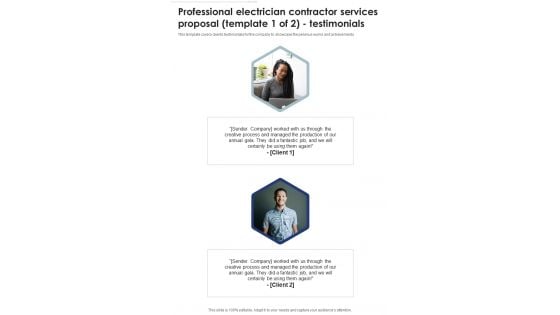 Professional Electrician Contractor Services Proposal Testimonials One Pager Sample Example Document