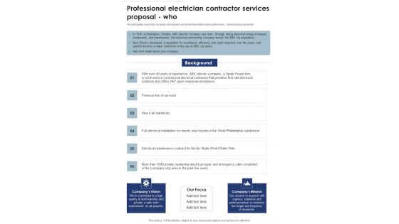 Professional Electrician Contractor Services Proposal Who One Pager Sample Example Document