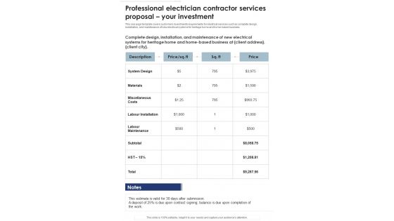 Professional Electrician Contractor Services Proposal Your Investment One Pager Sample Example Document Professional Electrician Contractor Services Proposal Your Investment One Pager Sample Example Document