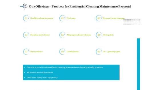 Professional House Cleaning Service Our Offerings Products For Residential Cleaning Maintenance Proposal Clipart PDF