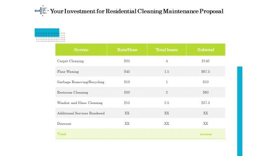 Professional House Cleaning Service Your Investment For Residential Cleaning Maintenance Proposal Microsoft PDF