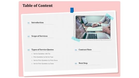 Professional Price Quotation Service Table Of Content Ppt Infographics Graphics PDF