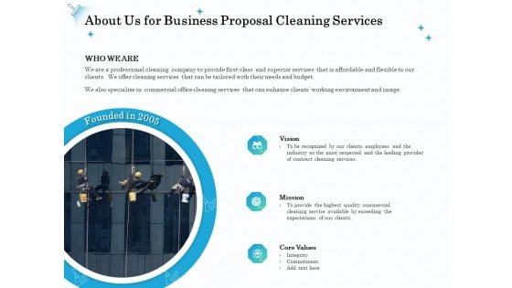 Professional Sanitation Solutions About Us For Business Proposal Cleaning Services Ppt Layouts Tips PDF