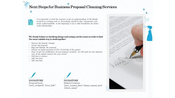 Professional Sanitation Solutions Next Steps For Business Proposal Cleaning Services Ppt Show Templates PDF