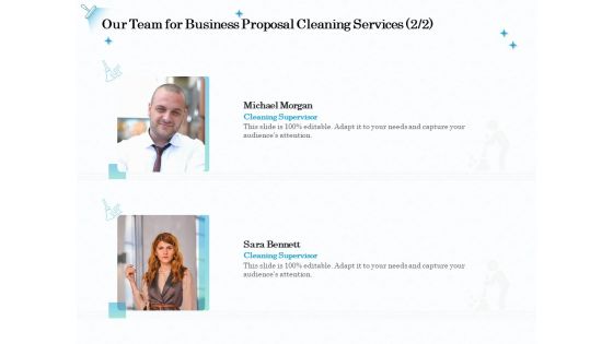 Professional Sanitation Solutions Our Team For Business Proposal Cleaning Services Audience Structure PDF