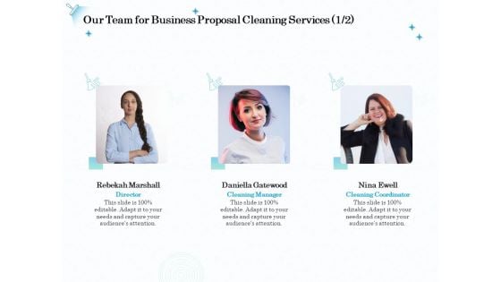 Professional Sanitation Solutions Our Team For Business Proposal Cleaning Services Ppt Slides Portfolio PDF