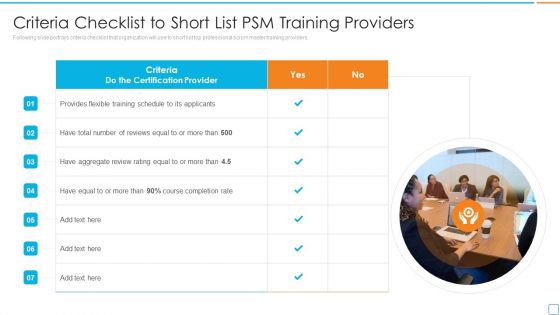 Professional Scrum Master Certification Criteria Checklist To Short List Psm Training Providers Demonstration PDF
