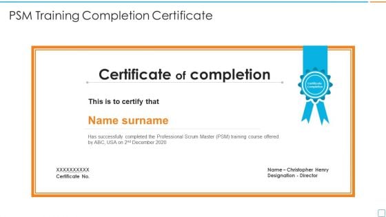 Professional Scrum Master Certification PSM Training Completion Certificate Background PDF