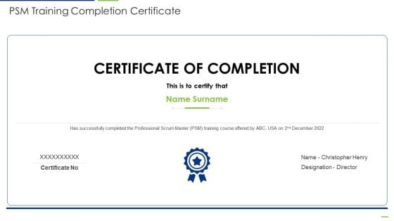 Professional Scrum Master PSM Training Completion Certificate Elements PDF