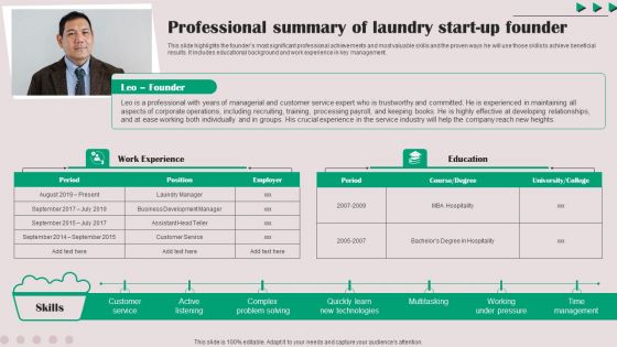 Professional Summary Of Laundry Start Up Founder Designs PDF