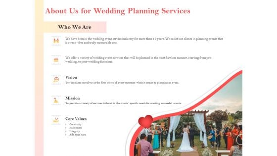 Professional Wedding Planner About Us For Wedding Planning Services Ppt PowerPoint Presentation Outline Format PDF