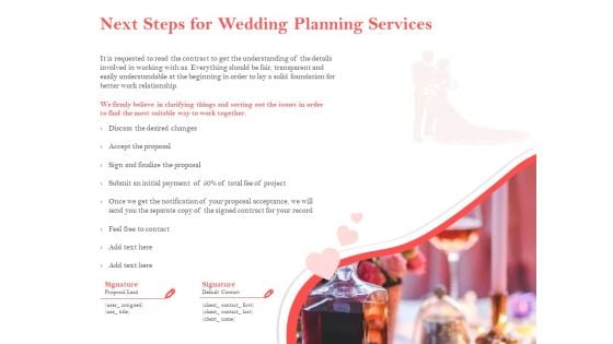 Professional Wedding Planner Next Steps For Wedding Planning Services Ppt PowerPoint Presentation Outline Mockup PDF
