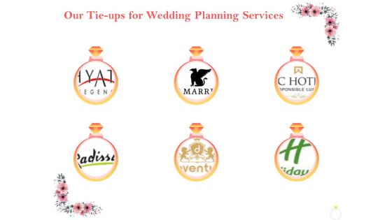 Professional Wedding Planner Our Tie Ups For Wedding Planning Services Ppt PowerPoint Presentation Infographics Master Slide PDF