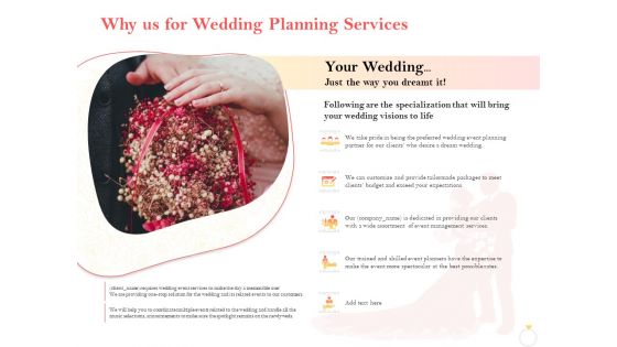 Professional Wedding Planner Why Us For Wedding Planning Services Ppt PowerPoint Presentation Topics PDF