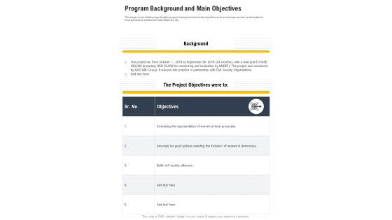 Program Background And Main Objectives One Pager Documents Program Background And Main Objectives One Pager Documents