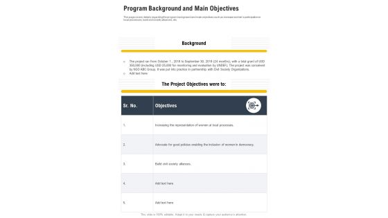 Program Background And Main Objectives One Pager Documents